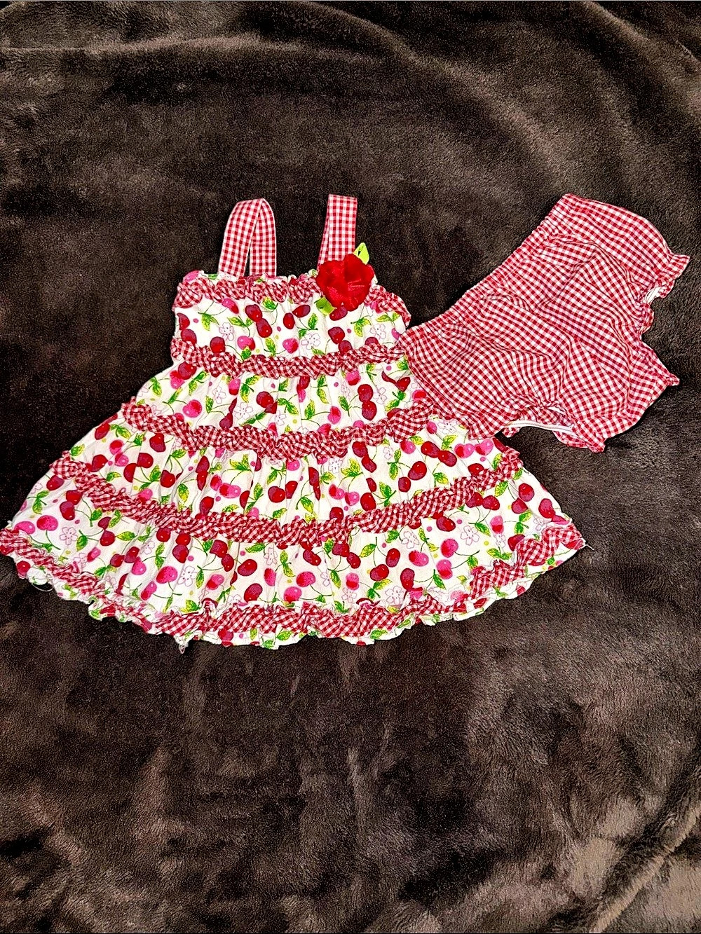Youngland Cherry Print Gingham Baby Dress